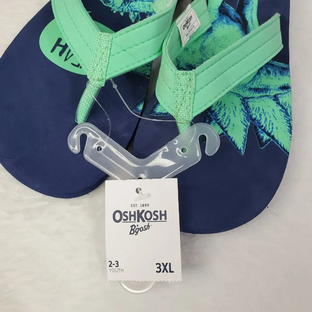 NWT OshKosh B'gosh Dinosaur Green Blue Flip Flops Kids Youth Size 2/3